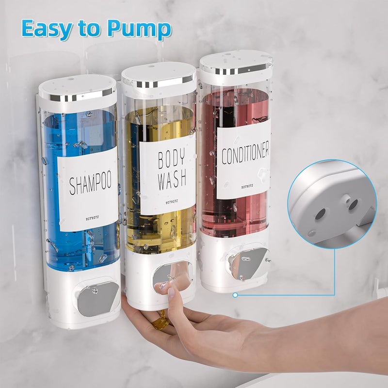 VITVITI Shampoo and Conditioner Dispenser for Shower Wall, Shower Soap Dispenser 3 Chamber No Drill Wall Mounted, 10.2 OZ Plastic Refillable Shower/Body Wash Bottles for Bathroom (White) - Image 3